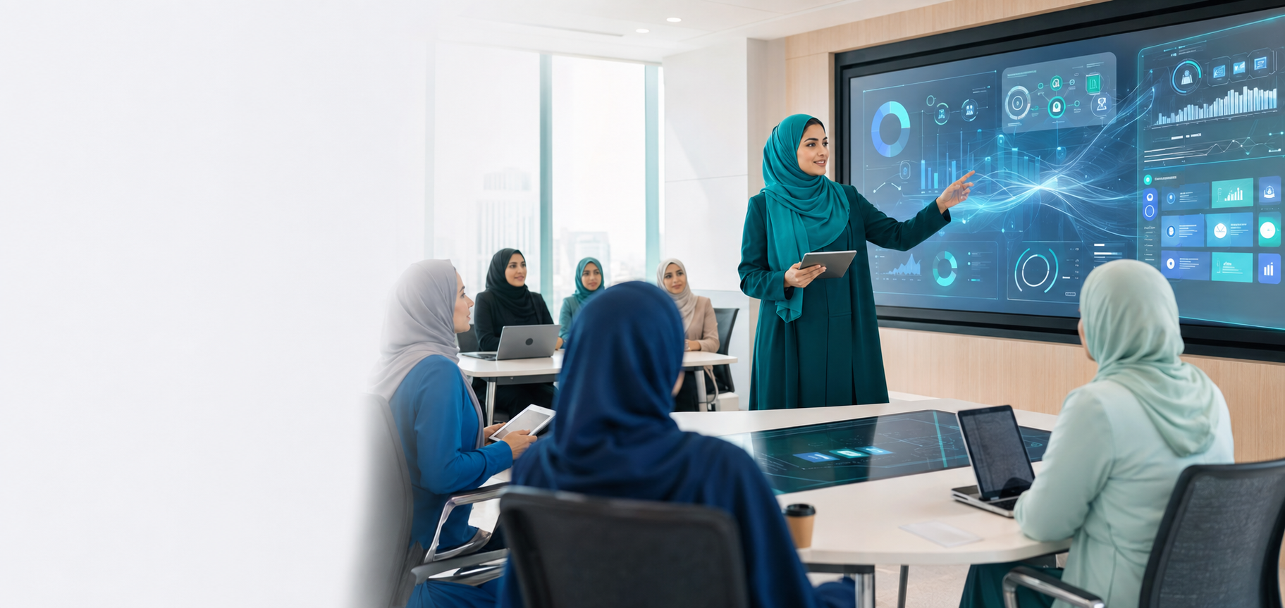 معلمة محجبة تستخدم التقنية في جلسة تعليمية